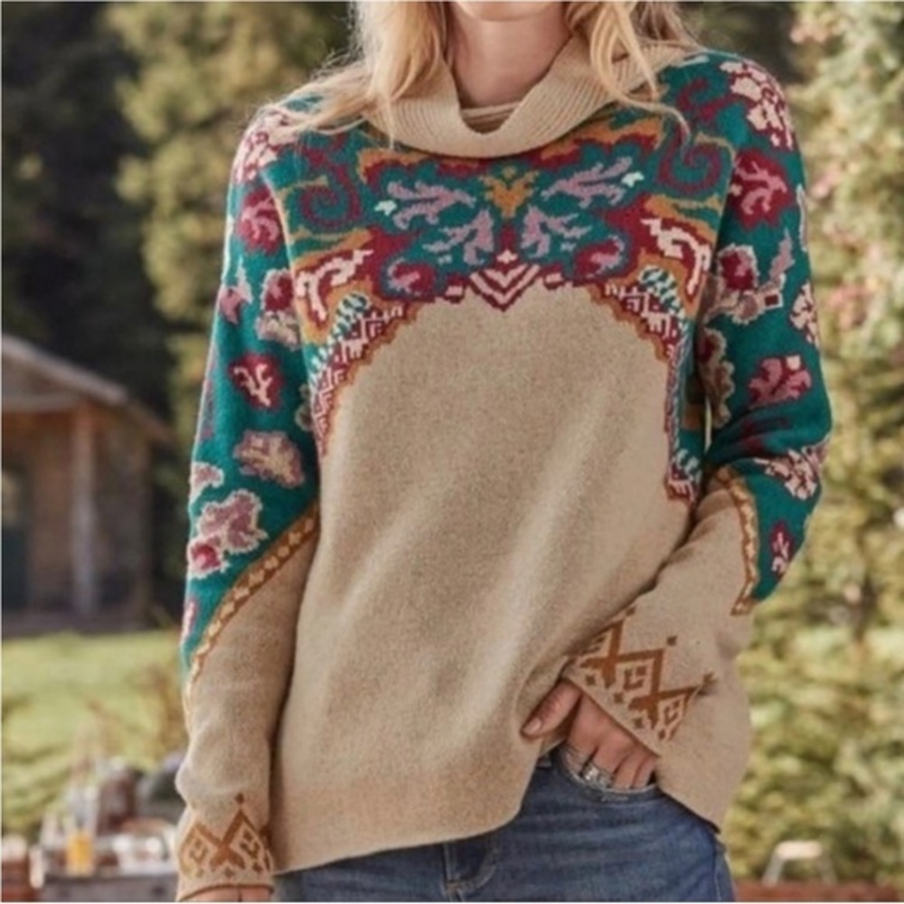 Sundance Journey East Jacquard Cabincore Funnel Neck  Sweater Size XS